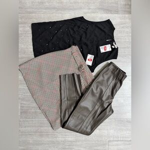 NWT H&M Bundle: Vegan Leather Pants, Plaid Skirt & Festive Embellished Top